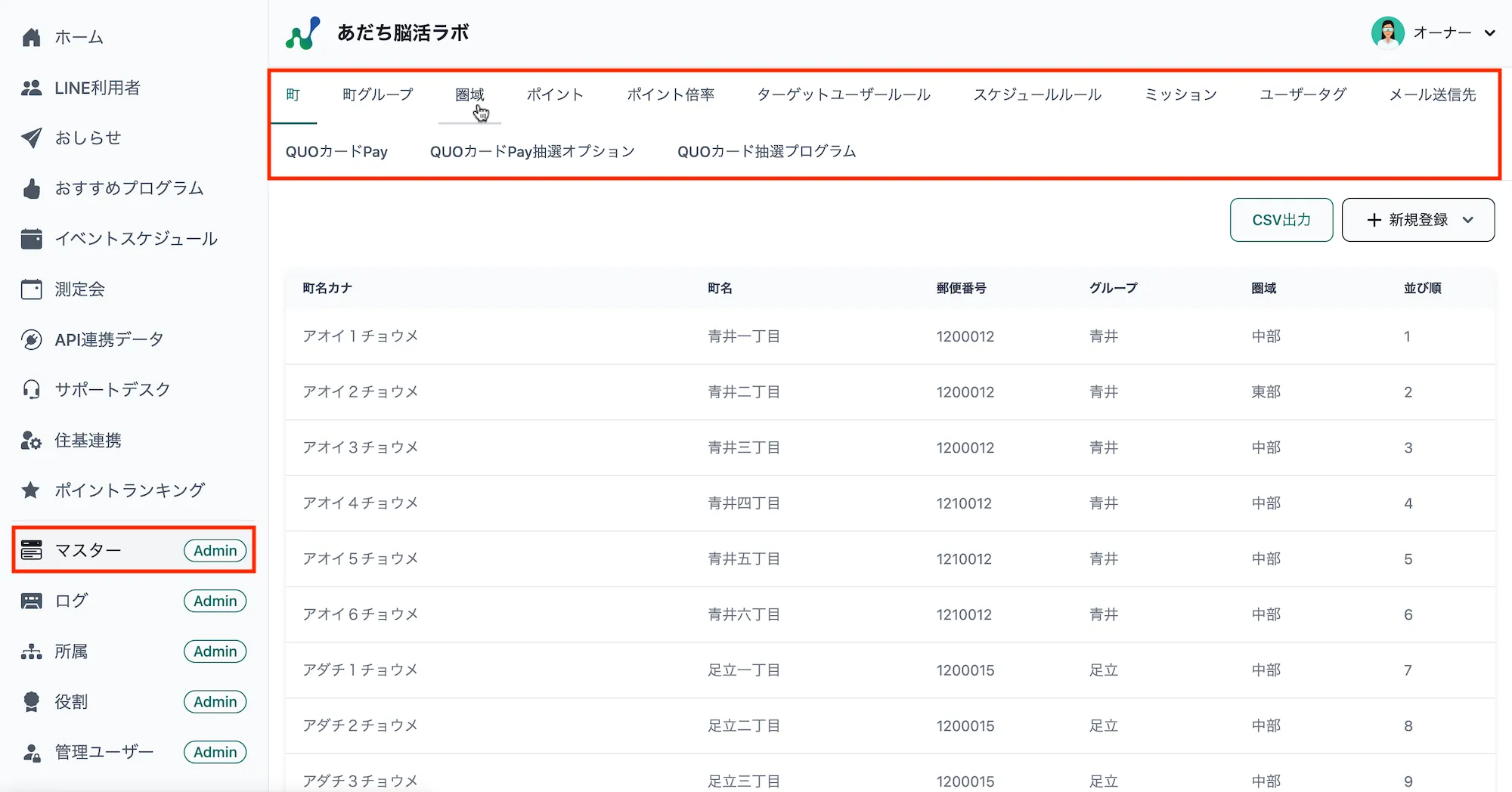 マスター種類タブ