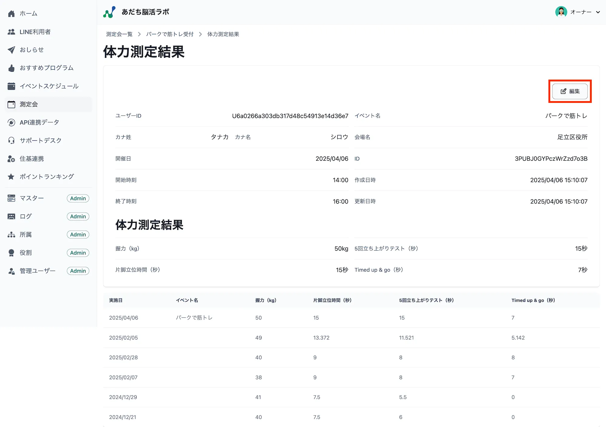 体力測定結果画面